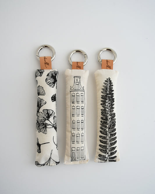 Portachiavi morbidosi in tessuto stampato a mano