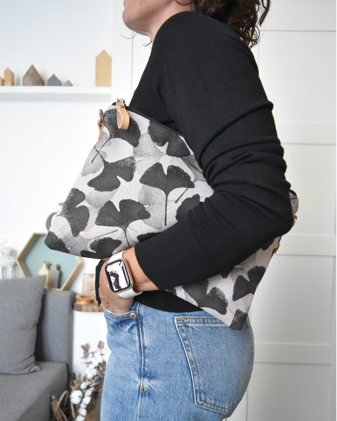 Pochette maxi VANIGLIA - fiore di loto stampa gingko