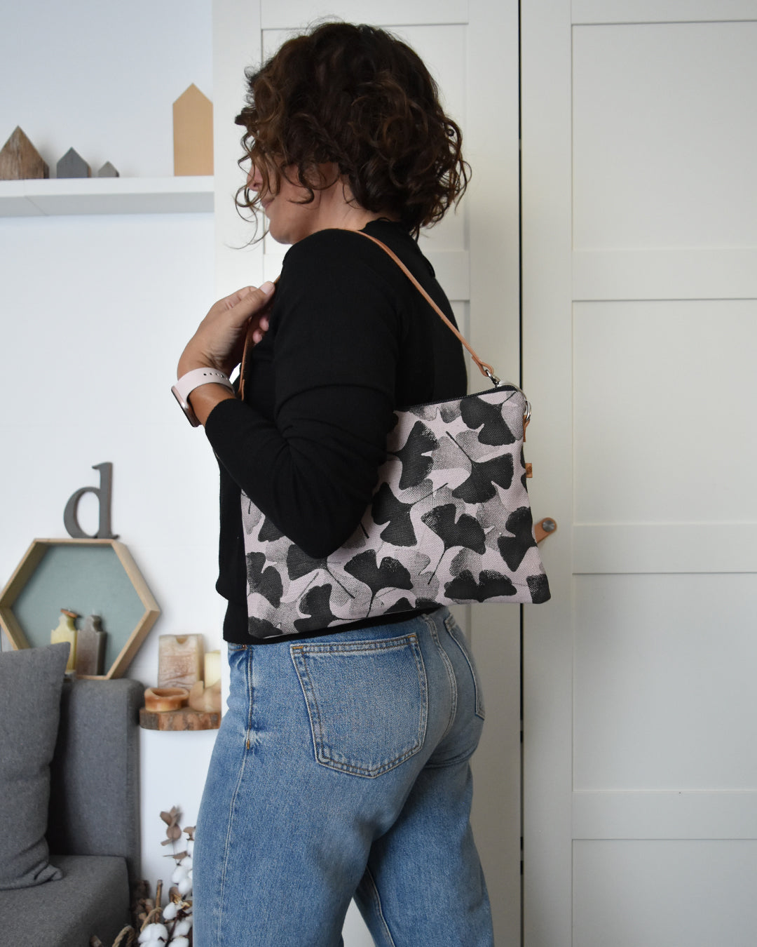 Pochette maxi VANIGLIA - fiore di loto stampa gingko