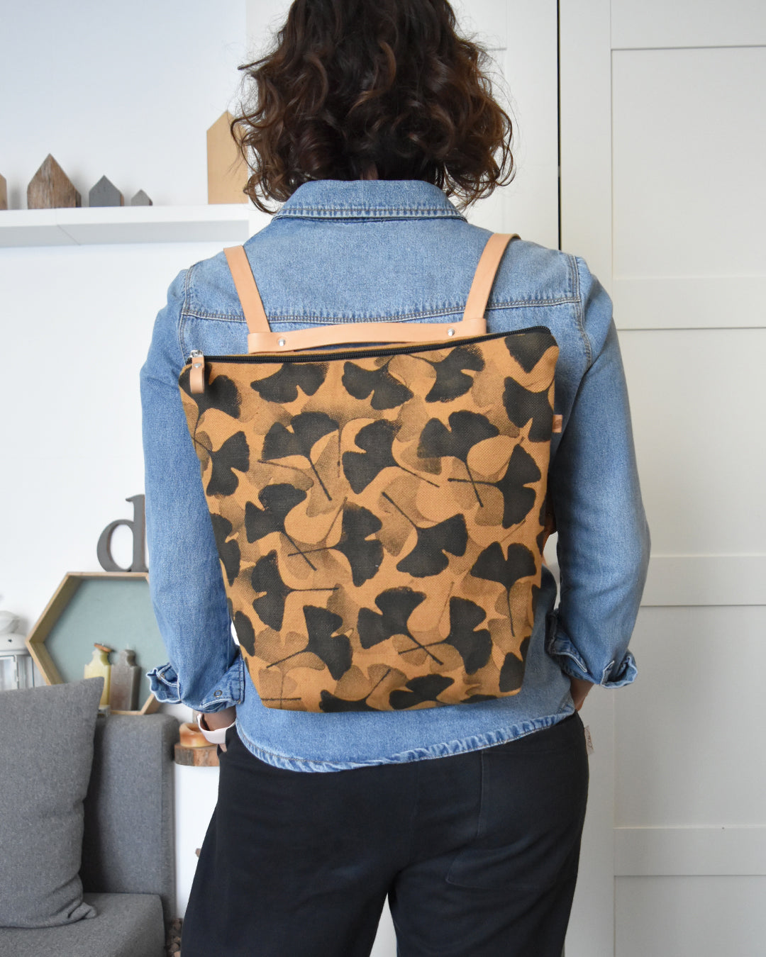 Zaino borsa CACTUS ocra stampa gingko